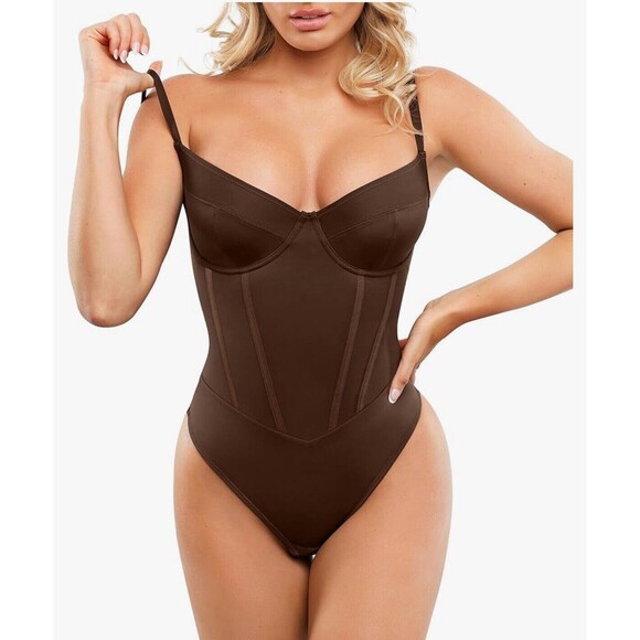 Popilush Corset Bodysuit Built in Bra V Neck Tummy Control Thong Shapewear Brown